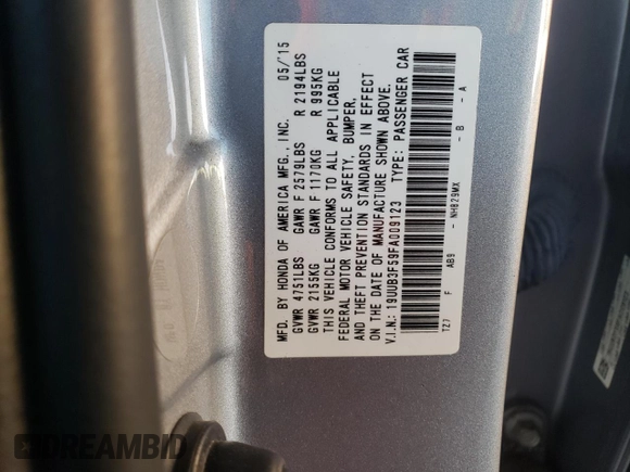 2015 Acura TLX Technology with VIN 19UUB3F59FA009123, listed as a Copart auction lot 58954645 with 61,609 mi miles and Salvage title. Bid and sale history available at DreamBid. Image 12.