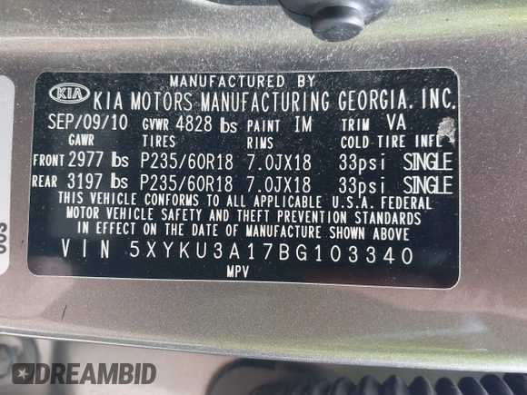 2011 Kia Sorento EX with VIN 5XYKU3A17BG103340, listed as a IAAI auction lot 41944274 with 195,927 mi miles. Bid and sale history available at carsss.com. Image 9.