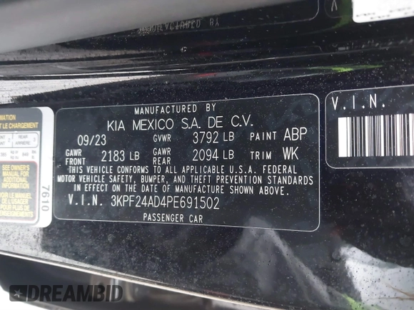 2023 Kia Forte LXS with VIN 3KPF24AD4PE691502, listed as a IAAI auction lot 41570324 with 15,867 mi miles and . Bid and sale history available at DreamBid. Image 9.