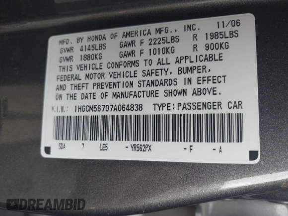 2007 Honda Accord EX с VIN 1HGCM56707A064838, выставлен на аукционе IAAI как лот 42240861 с пробегом 134 933 миль миль и . История ставок и продаж доступна на DreamBid. Изображение 9.