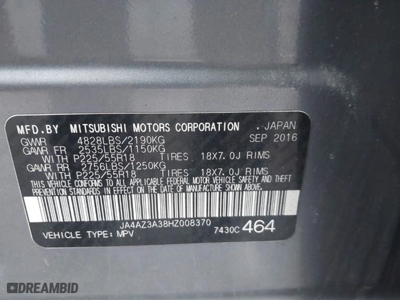 2017 Mitsubishi Outlander SE with VIN JA4AZ3A38HZ008370, listed as a IAAI auction lot 41718119 with 73,446 mi miles. Bid and sale history available at carsss.com. Image 9.
