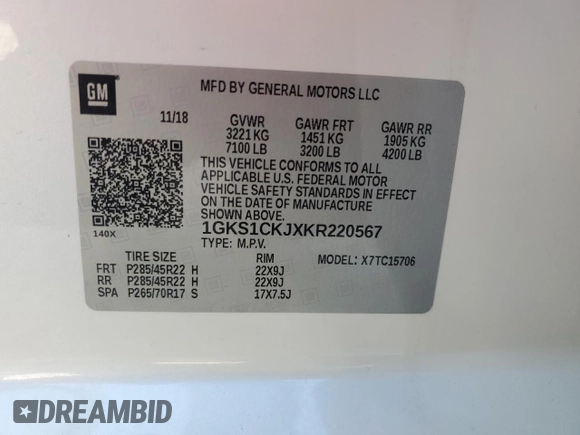 2019 GMC Yukon Denali with VIN 1GKS1CKJXKR220567, listed as a Copart auction lot 77388704 with 38,955 mi miles and Non Repairable. Bid and sale history available at carsss.com. Image 14.