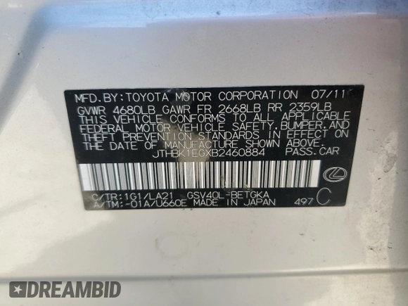 2011 Lexus ES with VIN JTHBK1EGXB2460884, listed as a Copart auction lot 48404385 with 175,036 mi miles and Salvage Title. Bid and sale history available at carsss.com. Image 12.