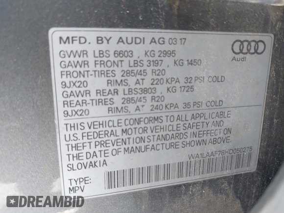 2017 Audi Q7 Premium Plus z VIN WA1LAAF78HD050275, wystawiony jako IAAI lot #41857583 z przebiegiem 68 612 mil mil oraz . Historia ofert i sprzedaży dostępna na DreamBid. Obrazek 9.