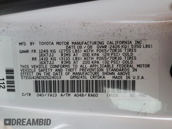 2009 Toyota Tacoma with VIN 5TEUU42N09Z624013, listed as a Copart auction lot 44375525 with 29,556 mi miles and Salvage Title. Bid and sale history available at carsss.com. Image 12.