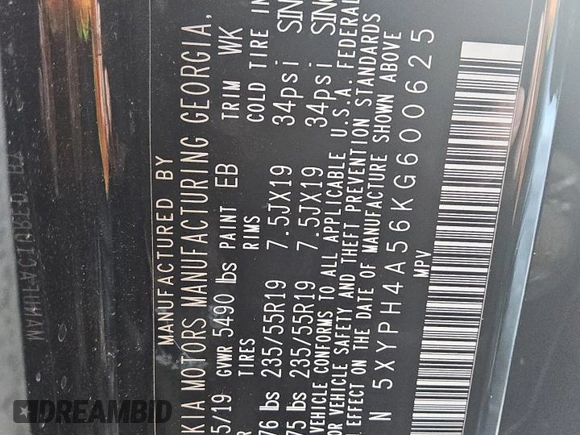 2019 Kia Sorento EX Sport с VIN 5XYPH4A56KG600625, выставлен на аукционе Copart как лот 49332895 с пробегом 83 140 миль миль и Чистый • Clean title. История ставок и продаж доступна на DreamBid. Изображение 13.