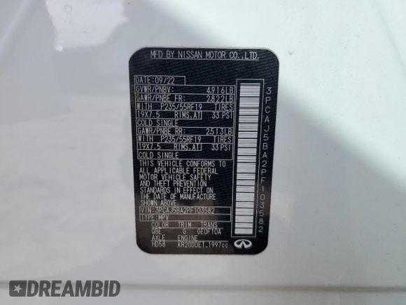 2023 Infiniti QX50 Luxe with VIN 3PCAJ5BA2PF103582, listed as a Copart auction lot 45299565 with 22,901 mi miles and Salvage title. Bid and sale history available at DreamBid. Image 13.