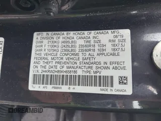 2019 Honda CR-V EX-L with VIN 2HKRW2H85KH658186, listed as a IAAI auction lot 41603690 with 93,474 mi miles. Bid and sale history available at carsss.com. Image 9.