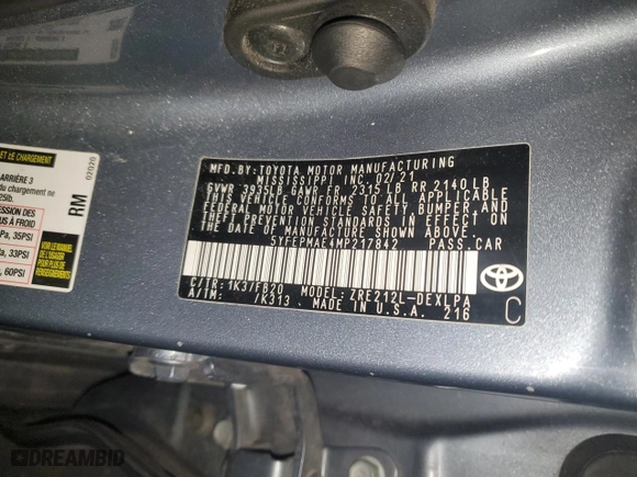 2021 Toyota Corolla LE with VIN 5YFEPMAE4MP217842, listed as a Copart auction lot 44954855 with 71,365 mi miles and Salvage Title. Bid and sale history available at carsss.com. Image 14.