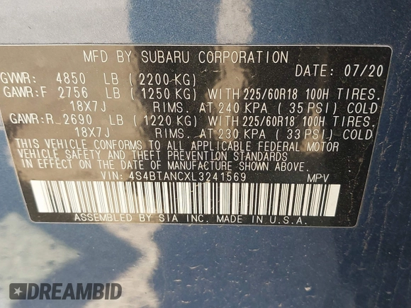 2020 Subaru Outback Limited z VIN 4S4BTANCXL3241569, wystawiony jako IAAI lot #41932713 z przebiegiem 62 631 mil mil oraz . Historia ofert i sprzedaży dostępna na DreamBid. Obrazek 9.