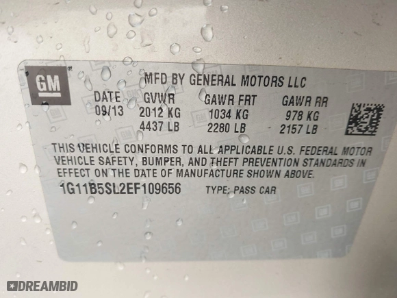 2014 Chevrolet Malibu LS with VIN 1G11B5SL2EF109656, listed as a IAAI auction lot 41946582 with 122,428 mi miles. Bid and sale history available at carsss.com. Image 9.