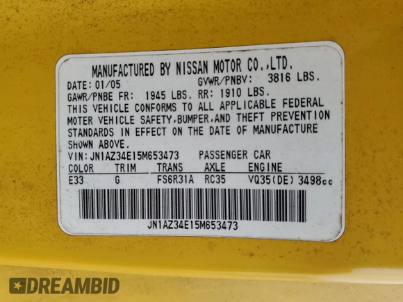 2005 Nissan 350Z Touring with VIN JN1AZ34E15M653473, listed as a Copart auction lot 80001114 with 192,727 mi miles and Non Repairable. Bid and sale history available at DreamBid. Image 12.