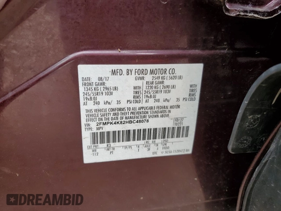 2017 Ford Edge Titanium z VIN 2FMPK4K82HBC48078, wystawiony jako Copart lot #56967175 z przebiegiem 54 258 mil mil oraz Szkoda całkowita • Salvage title. Historia ofert i sprzedaży dostępna na DreamBid. Obrazek 13.