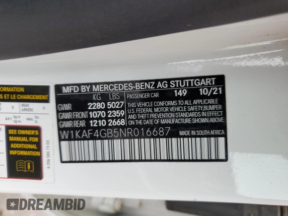 2022 Mercedes-Benz C 300 z VIN W1KAF4GB5NR016687, wystawiony jako Copart lot #60171865 z przebiegiem 21 612 mil mil oraz Szkoda całkowita • Salvage title. Historia ofert i sprzedaży dostępna na DreamBid. Obrazek 12.