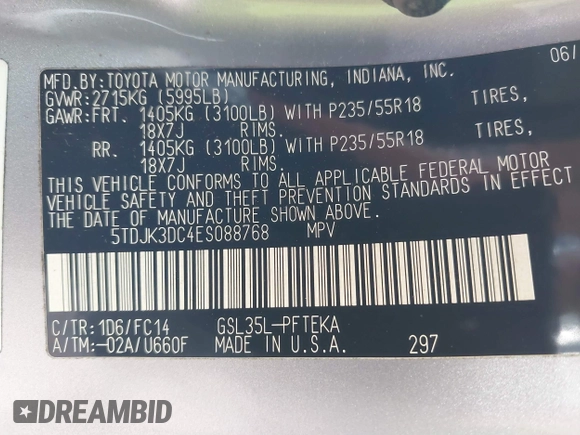 2014 Toyota Sienna LE with VIN 5TDJK3DC4ES088768, listed as a IAAI auction lot 41473251 with 100,512 mi miles and . Bid and sale history available at DreamBid. Image 9.