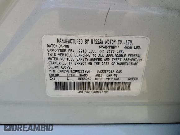 2008 Infiniti G35 with VIN JNKBV61E28M221786, listed as a Copart auction lot 76457114 with 109,191 mi miles and Salvage Title. Bid and sale history available at DreamBid. Image 12.