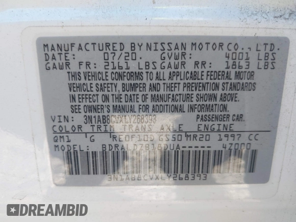 2020 Nissan Sentra SV with VIN 3N1AB8CVXLY268393, listed as a IAAI auction lot 41212049 with 49,711 mi miles. Bid and sale history available at carsss.com. Image 9.