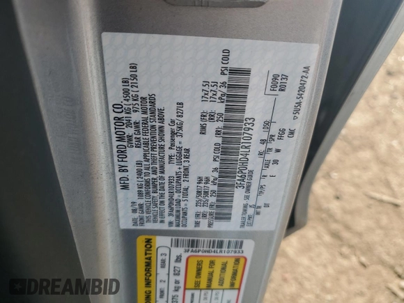 2020 Ford Fusion SE with VIN 3FA6P0HD4LR107933, listed as a Copart auction lot 57036905 with 54,590 mi miles and Non repairable. Bid and sale history available at DreamBid. Image 12.