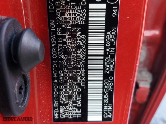 2022 Toyota Prius Prime LE with VIN JTDKAMFP0N3224568, listed as a Copart auction lot 45746755 with 0 mi miles and Salvage Title. Bid and sale history available at carsss.com. Image 12.