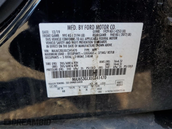 2020 Ford EcoSport SE with VIN MAJ6S3GLXLC341470, listed as a Copart auction lot 49461355 with 55,363 mi miles and Salvage Title. Bid and sale history available at DreamBid. Image 13.