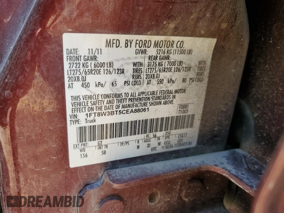 2012 Ford F-350 XL with VIN 1FT8W3BT5CEA88061, listed as a Copart auction lot 62383045 with 128,980 mi miles and Salvage title. Bid and sale history available at DreamBid. Image 12.
