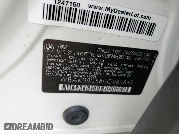 2011 BMW 7 Series 750Li with VIN WBAKB8C58BCY65645, listed as a Copart auction lot 57612775 with 69,670 mi miles and Salvage title. Bid and sale history available at DreamBid. Image 12.