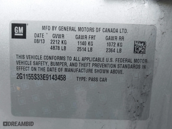 2014 Chevrolet Impala LTZ with VIN 2G1155S33E9143458, listed as a IAAI auction lot 41865302 with 75,554 mi miles. Bid and sale history available at carsss.com. Image 9.