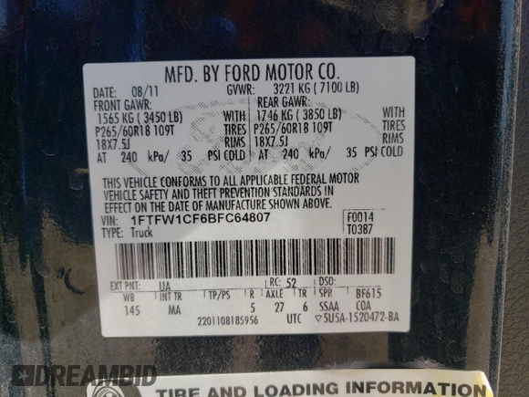 2011 Ford F-150 XL with VIN 1FTFW1CF6BFC64807, listed as a Copart auction lot 48747275 with 185,774 mi miles and Salvage Title. Bid and sale history available at carsss.com. Image 14.