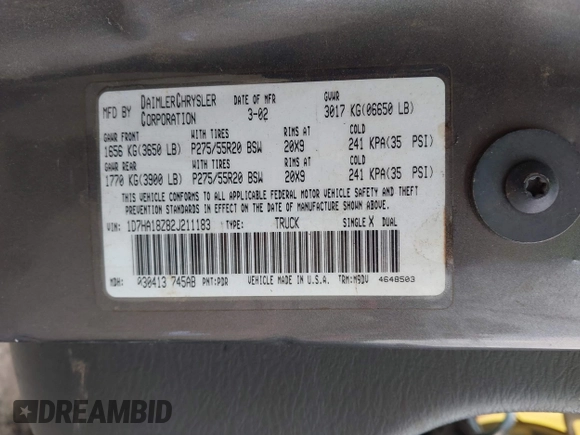 2002 Dodge 1500 with VIN 1D7HA18Z82J211183, listed as a IAAI auction lot 41951602 with 310,391 mi miles and . Bid and sale history available at DreamBid. Image 9.