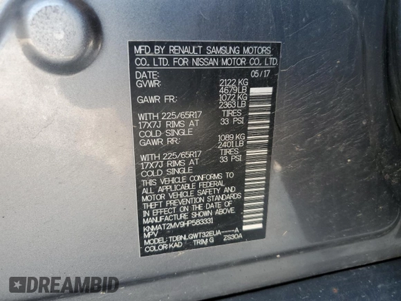 2017 Nissan Rogue SV with VIN KNMAT2MV9HP583331, listed as a Copart auction lot 60802305 with 126,265 mi miles and Salvage title. Bid and sale history available at DreamBid. Image 13.