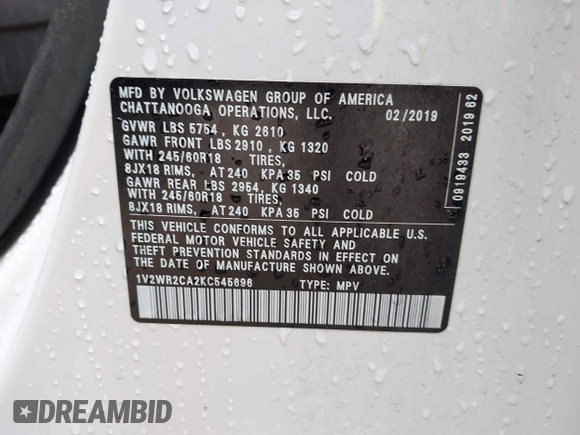 2019 Volkswagen Atlas SE with VIN 1V2WR2CA2KC545696, listed as a IAAI auction lot 42076774 with 138,564 mi miles and . Bid and sale history available at DreamBid. Image 9.