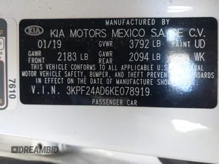 2019 Kia Forte LXS with VIN 3KPF24AD6KE078919, listed as a IAAI auction lot 41012080 with 71,998 mi miles. Bid and sale history available at carsss.com. Image 9.