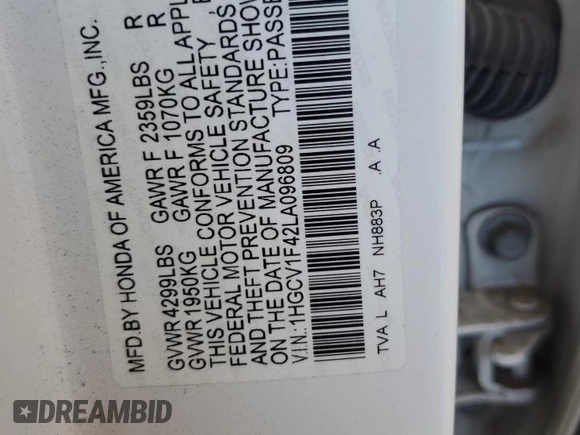 2020 Honda Accord EX z VIN 1HGCV1F42LA096809, wystawiony jako Copart lot #62308565 z przebiegiem 88 866 mil mil oraz Szkoda całkowita • Salvage title. Historia ofert i sprzedaży dostępna na DreamBid. Obrazek 13.