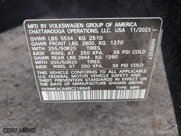 2024 Volkswagen Atlas Cross Sport 2.0T SE w/Technology with VIN 1V2WE2CA9RC218945, listed as a Copart auction lot 43224645 with 26,308 mi miles and Salvage Title. Bid and sale history available at carsss.com. Image 13.