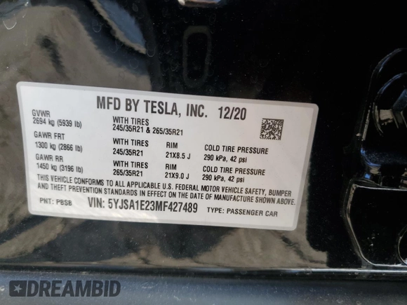 2021 Tesla Model S Long Range Plus z VIN 5YJSA1E23MF427489, wystawiony jako Copart lot #89165125 z przebiegiem 11 446 mil mil oraz Szkoda całkowita • Salvage title. Historia ofert i sprzedaży dostępna na DreamBid. Obrazek 12.