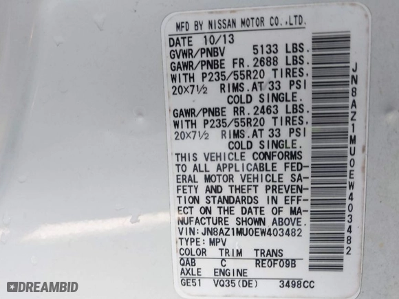 2014 Nissan Murano S with VIN JN8AZ1MU0EW403482, listed as a IAAI auction lot 41806817 with 76,624 mi miles. Bid and sale history available at carsss.com. Image 9.