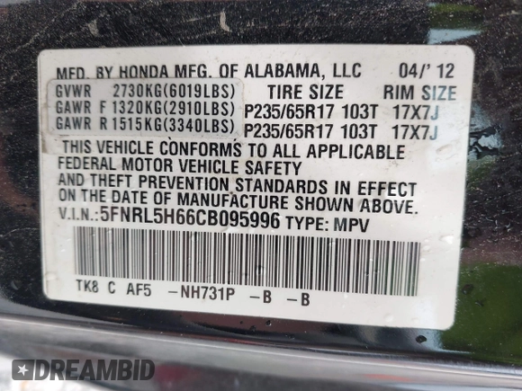 2012 Honda Odyssey EX-L with VIN 5FNRL5H66CB095996, listed as a IAAI auction lot 42446499 with 198,016 mi miles and . Bid and sale history available at DreamBid. Image 9.