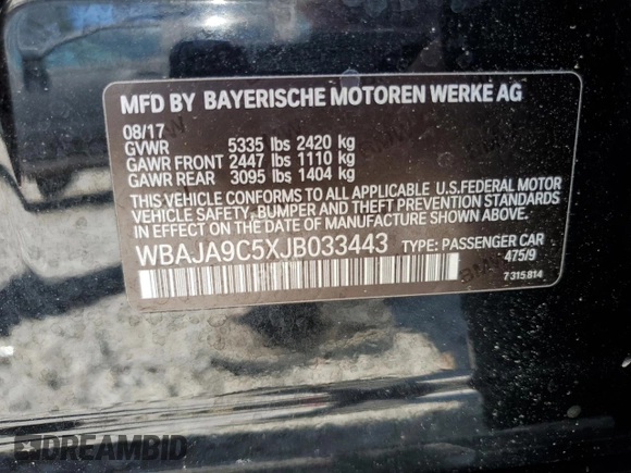 2018 BMW 5 Series 530e with VIN WBAJA9C5XJB033443, listed as a Copart auction lot 54876635 with Not provided miles and Salvage title. Bid and sale history available at DreamBid. Image 12.