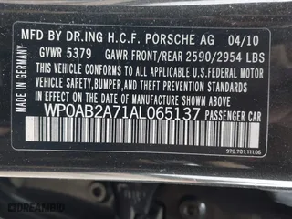2010 Porsche Panamera S with VIN WP0AB2A71AL065137, listed as a IAAI auction lot 41810807 with 159,385 mi miles. Bid and sale history available at carsss.com. Image 9.
