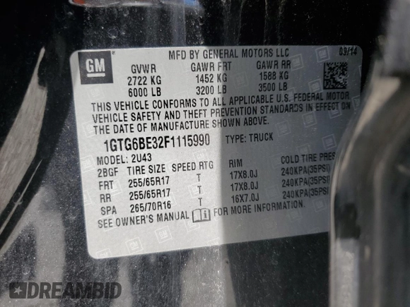 2015 GMC Canyon 4WD SLE with VIN 1GTG6BE32F1115990, listed as a Copart auction lot 71295314 with 118,913 mi miles and Salvage Title. Bid and sale history available at carsss.com. Image 24.