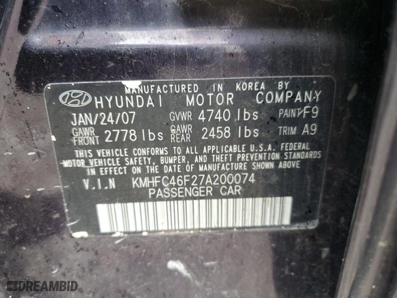 2007 Hyundai Azera SE with VIN KMHFC46F27A200074, listed as a Copart auction lot 55945864 with 0 mi miles and Non Repairable. Bid and sale history available at carsss.com. Image 12.