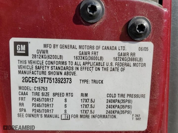 2005 Chevrolet Silverado 1500 LT with VIN 2GCEC19T751392373, listed as a Copart auction lot 53318345 with 206,126 mi miles and Clean Title. Bid and sale history available at carsss.com. Image 13.