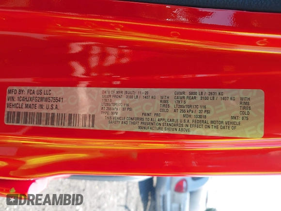 2021 Jeep Wrangler Unlimited Rubicon with VIN 1C4HJXFG2MW575541, listed as a IAAI auction lot 42247475 with 92,353 mi miles and . Bid and sale history available at DreamBid. Image 9.