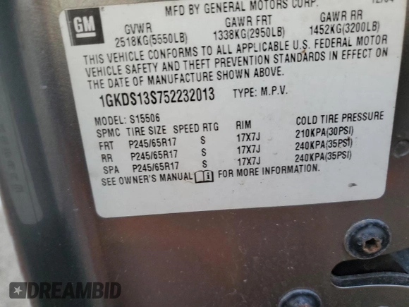 2005 GMC Envoy SLT with VIN 1GKDS13S752232013, listed as a Copart auction lot 83841804 with 307,447 mi miles and Non Repairable. Bid and sale history available at carsss.com. Image 15.