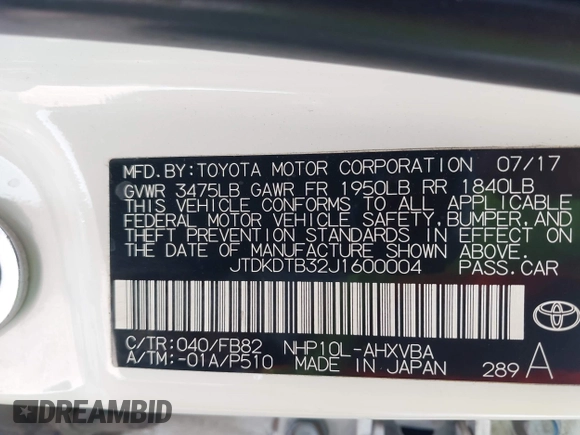 2018 Toyota Prius One with VIN JTDKDTB32J1600004, listed as a IAAI auction lot 42030186 with 61,568 mi miles and . Bid and sale history available at DreamBid. Image 8.