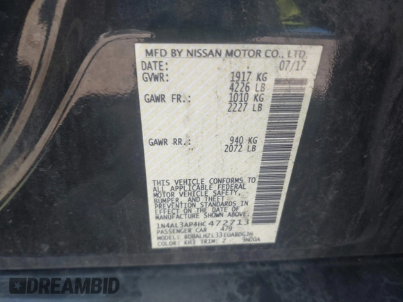 2017 Nissan Altima SV with VIN 1N4AL3AP4HC472713, listed as a IAAI auction lot 42388073 with 125,175 mi miles and . Bid and sale history available at DreamBid. Image 9.