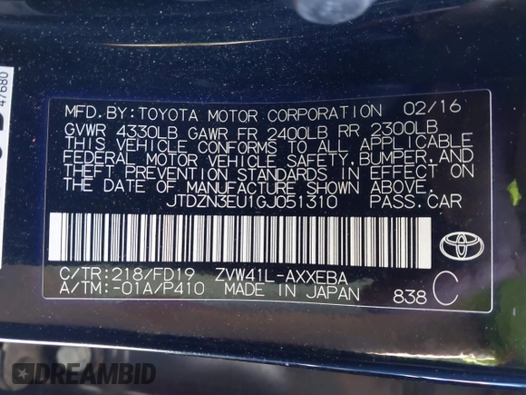 2016 Toyota Prius Two with VIN JTDZN3EU1GJ051310, listed as a IAAI auction lot 41119676 with 82,646 mi miles and . Bid and sale history available at DreamBid. Image 9.