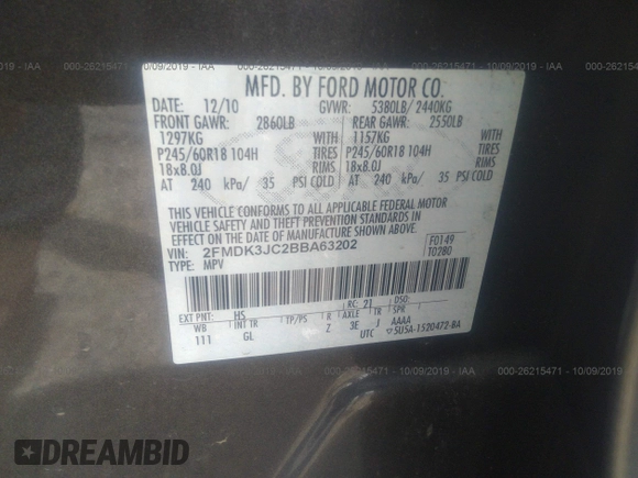 2011 Ford Edge SEL with VIN 2FMDK3JC2BBA63202, listed as a IAAI auction lot 26215471 with 125,684 mi miles. Bid and sale history available at carsss.com. Image 9.