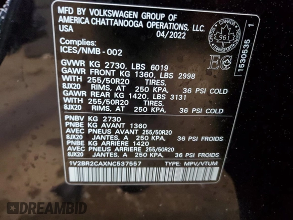 2022 Volkswagen Atlas SEL with VIN 1V2BR2CAXNC537557, listed as a Copart auction lot 44645335 with 48,374 mi miles and Salvage title. Bid and sale history available at DreamBid. Image 14.