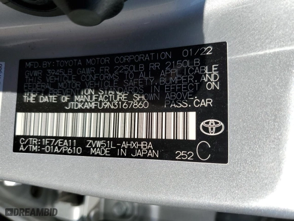 2022 Toyota Prius L Eco with VIN JTDKAMFU9N3167860, listed as a Copart auction lot 88081845 with 0 mi miles and Salvage Title. Bid and sale history available at carsss.com. Image 14.